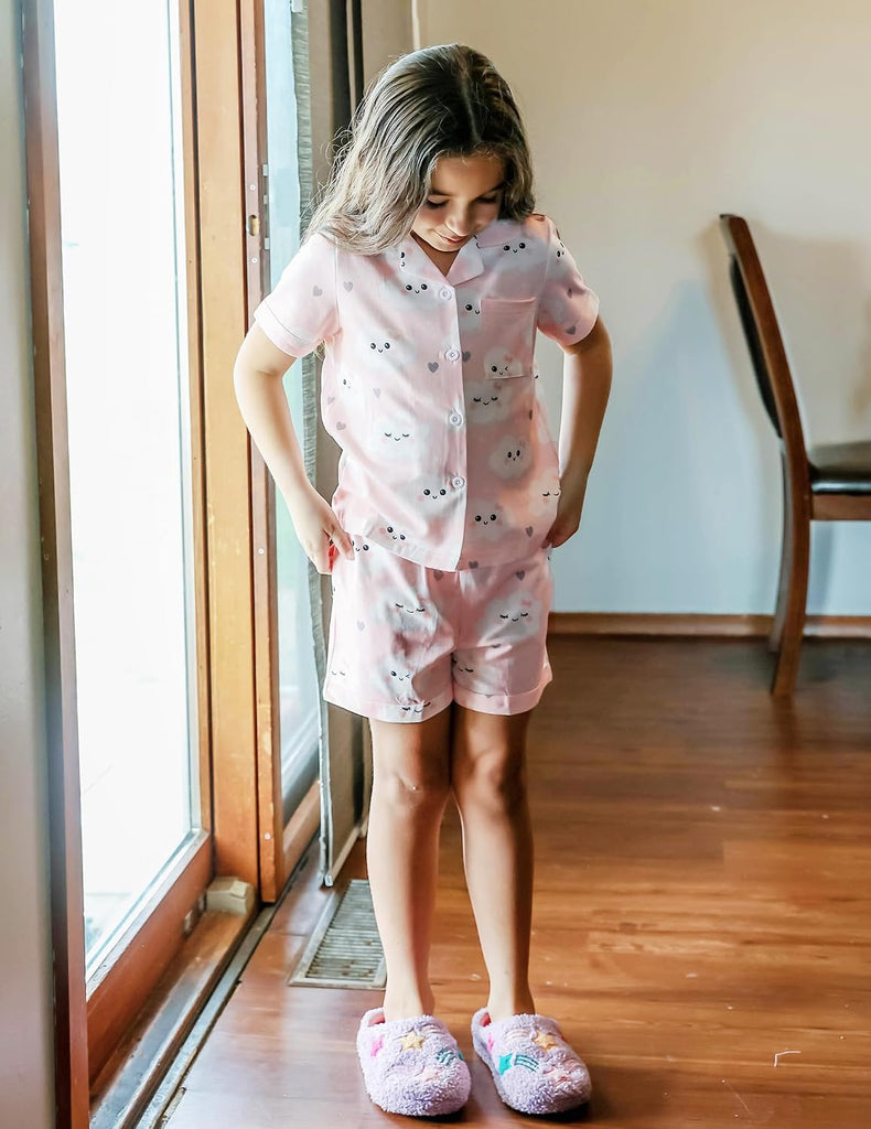 Girls Pajamas Sets Short Sleeve Kids Pjs Button Down Sleepwear