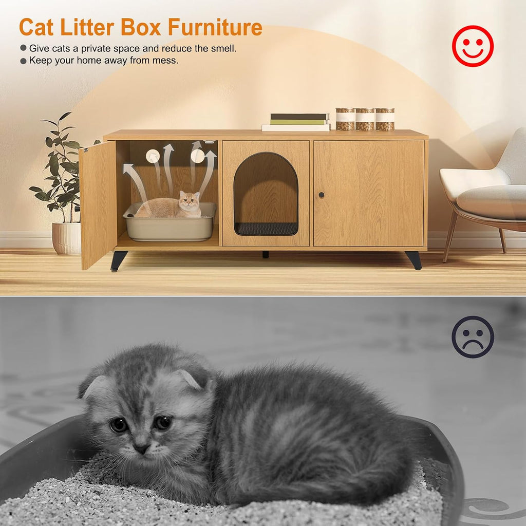 Cat Litter Box Enclosure for 2 Cats, Modern Hidden Litter Box Furniture with Double Room, Large Cat House Washroom
