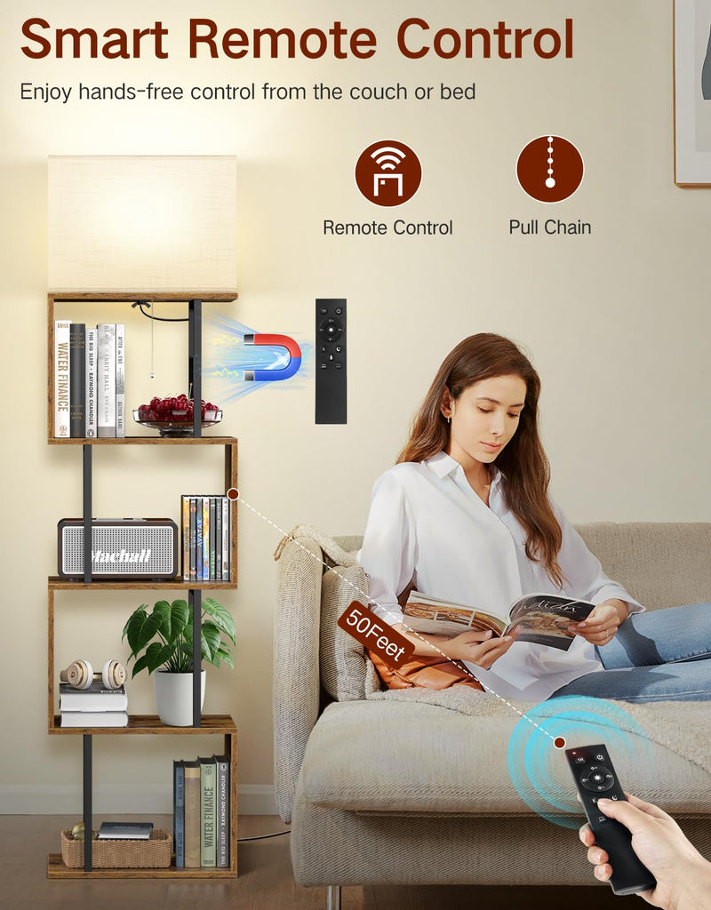 Floor Lamp with Shelves & Remote, Dimmable S-Shaped Bookshelf with 3 Color Temperature, 1-Hour Timer, Tall