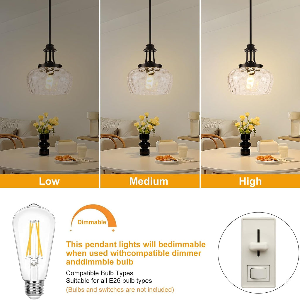 Modern Pendant Lights Kitchen Island, Matte Black Pendant Light Fixtures with 10" Clear Hammered Glass Shade