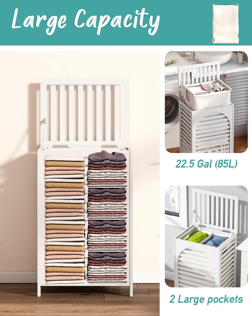 White Laundry Hamper, 22.5 Gallon (85L) Bamboo Wood Clothes Laundry Basket with Lid and Handles, Removable Liner