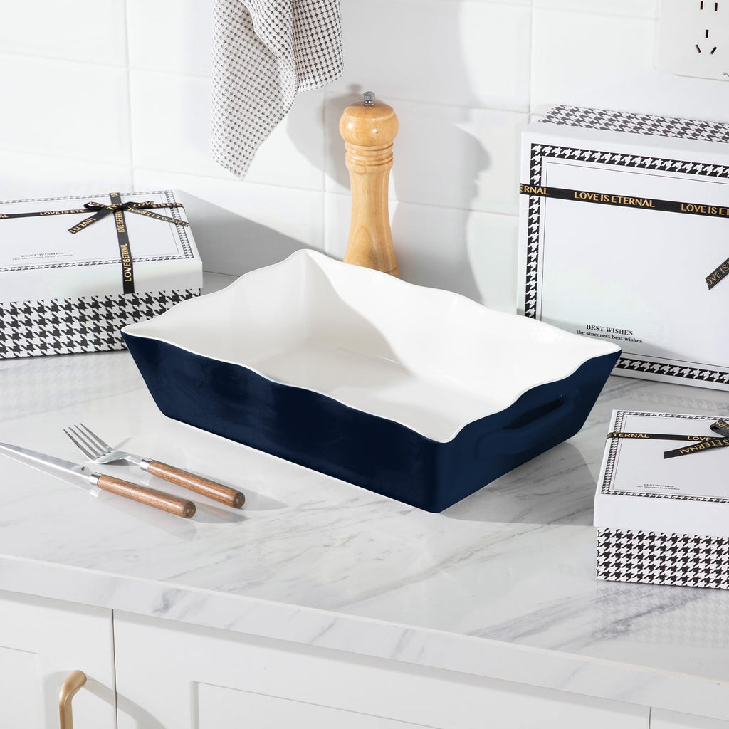 Casserole Dishes for Oven, Ceramic Bakeware Set of 3, Rectangular Baking dish with Handles, Wave Edge Lasagna Pan