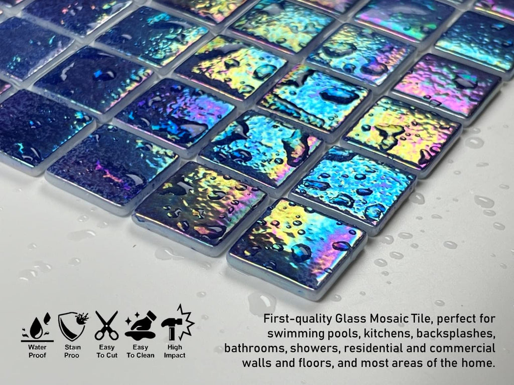 Square Iridescent Recycled Glass 1x1 Mosaic Floor Wall Tile Backsplash, Swimming Pool Tile, Bathroom Shower, Accent