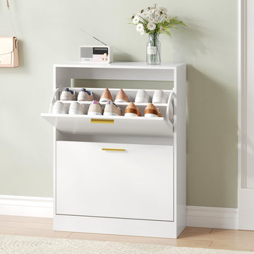 Shoe Cabinet Storage with 2 Flip Drawers and Closed Base, White丨Hidden Shoe Organizer, Freestanding Narrow Shoe