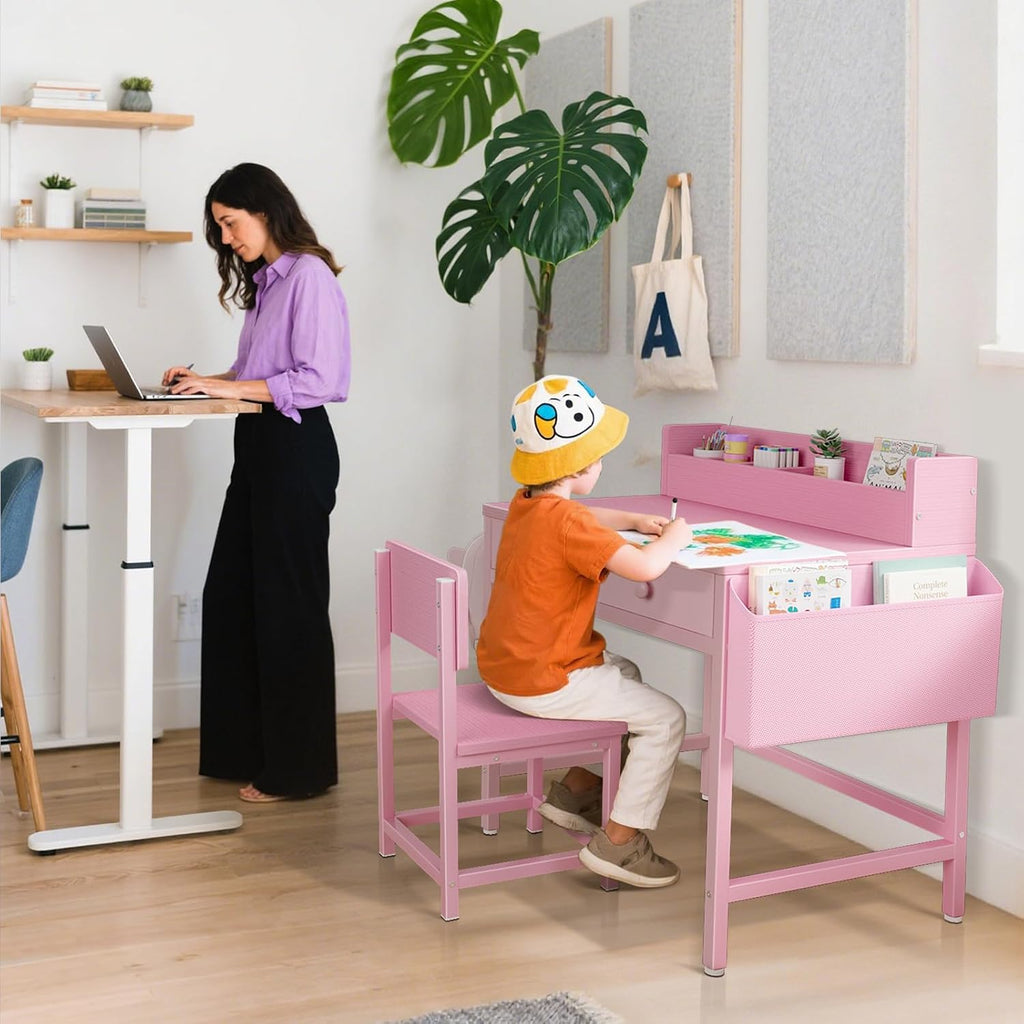 Pink Kids Desk and Chair Set for 5-8 Year Old, Small Child Desk with Fabric Drawer, Children Study Table with Storage