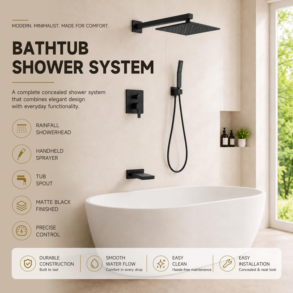 Shower System with Tub Spout, All Metal Black Bathtub Shower Faucet Set with High Pressure 10 Inch Rain Shower Head