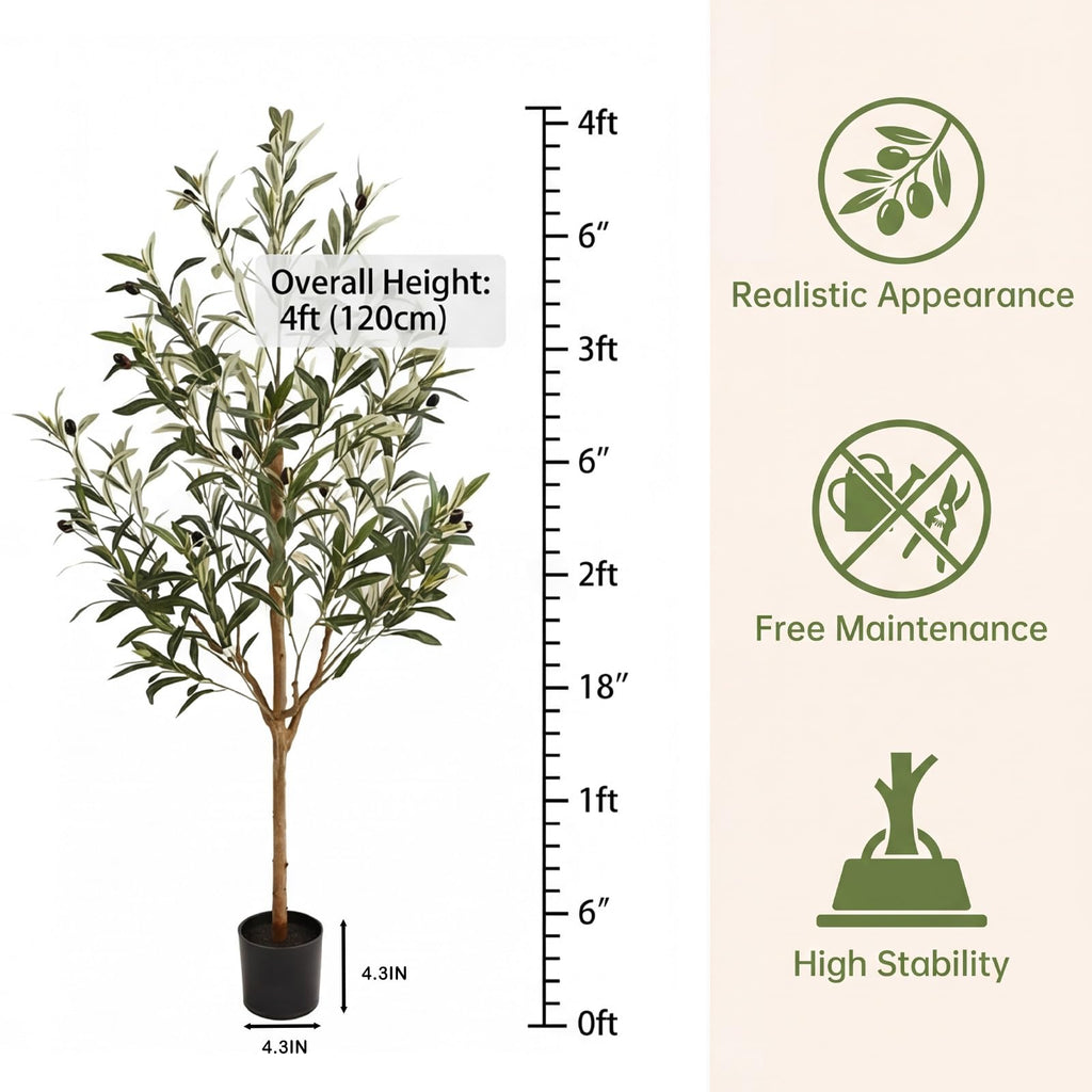 4FT Olive Trees Artificial Indoor, Fake Olive Tree with Natural Wood Trunk and Olive Branches and Lifelike Fruits, Faux
