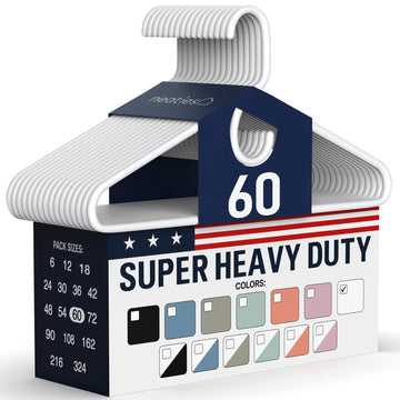 Super Heavy Duty Clothes Hangers 60 Pack - Made in the USA - 10lb Capacity, Thick Plastic Hangers for Pants, Coats