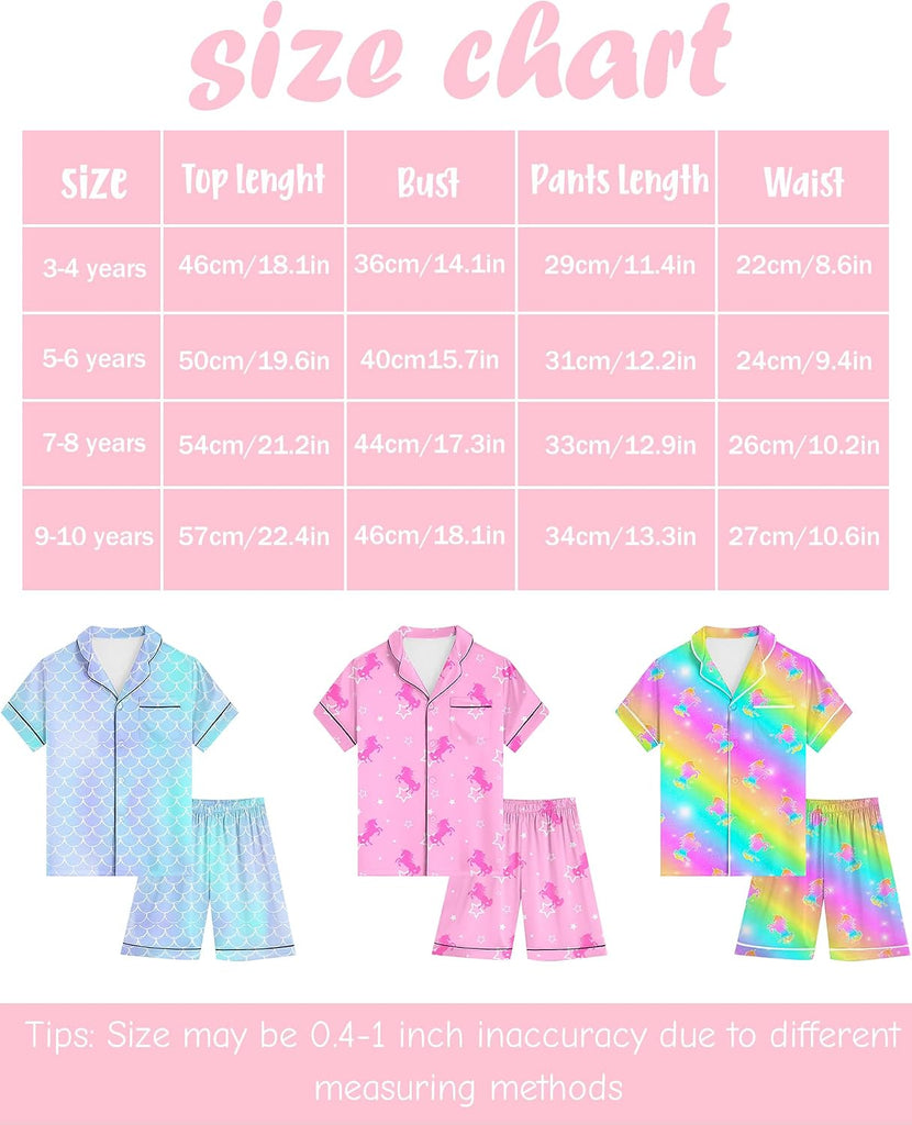 Kids Girls Pajama Set Silky PJS Button-Down Sleepwear Nightwear Loungewear Clothes Set Gifts
