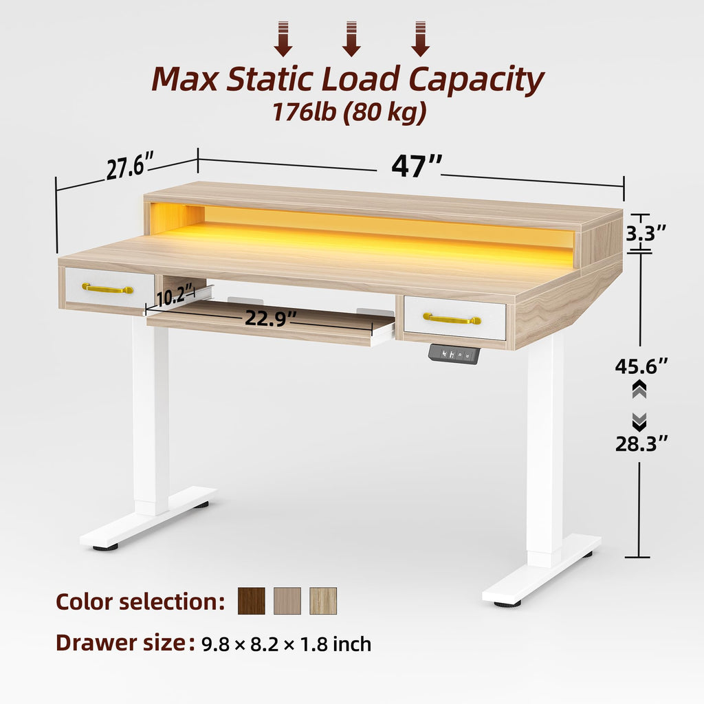 Standing Desk with Two Drawers, Stand Up Standing Desk Adjustable Height, Electric Sit Stand Table with Storage Shelf