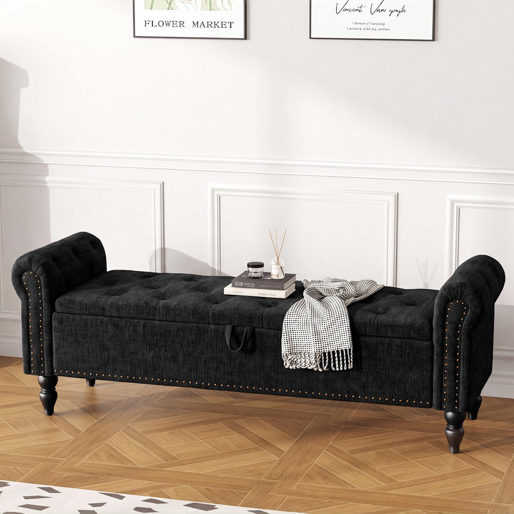 63" End of Bed Storage Bench, Bedroom Bench with Button-Tufted, Upholstered Storage Ottoman Benches Window Bench with