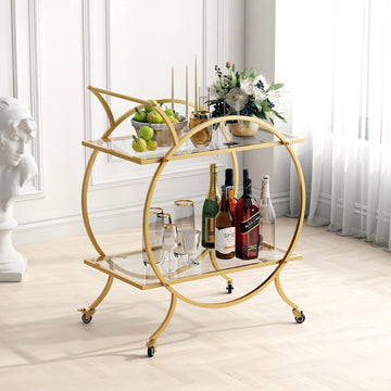 Gold Bar Carts for The Home Bar Serving Cart, Rolling Bar Cart Gold with Lockable Caster Wheels, Glass Bar Carts with