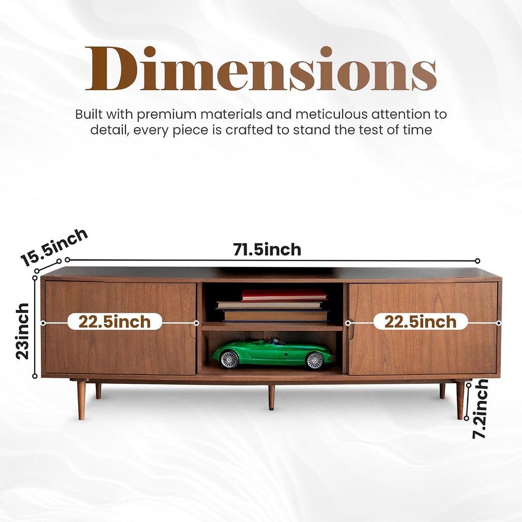 BTM Mid‑Century Modern TV Stand for 55-90‑Inch TVs, Walnut Sliding Door Entertainment Center, Adjustable Shelves with