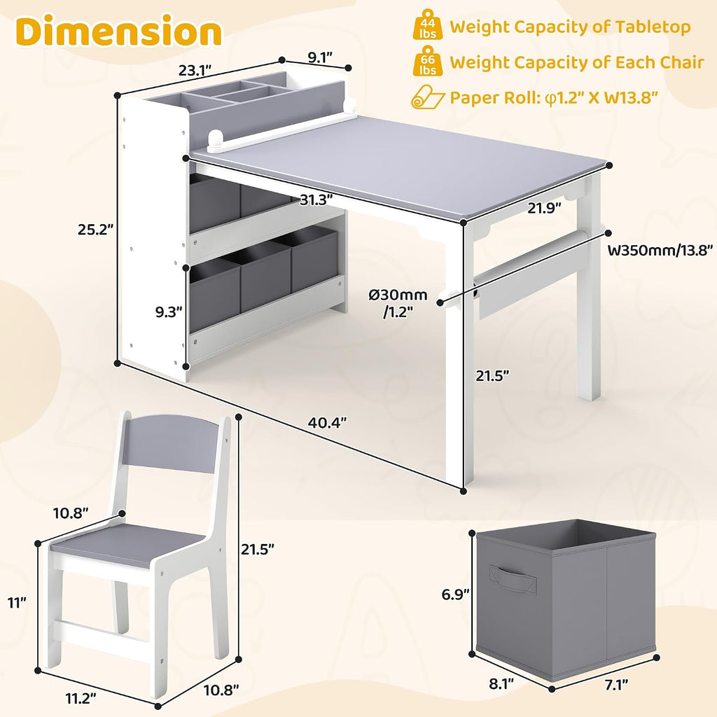 Kids Art Table & Chair Set, Wood w/Storage & Paper Roll, Grey