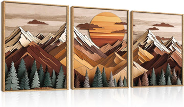 Woodcut Style Mountain Framed Canvas Wall Art Set,Wooden Pine Tree Wall Decor,Vintage Forest Landscape Art