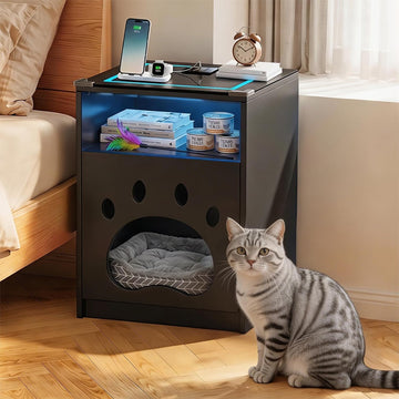 Cat House Night Cabinet with Charging Station & LED Lights, Modern Wooden Night Stand with Cozy Hidden Cat Condo