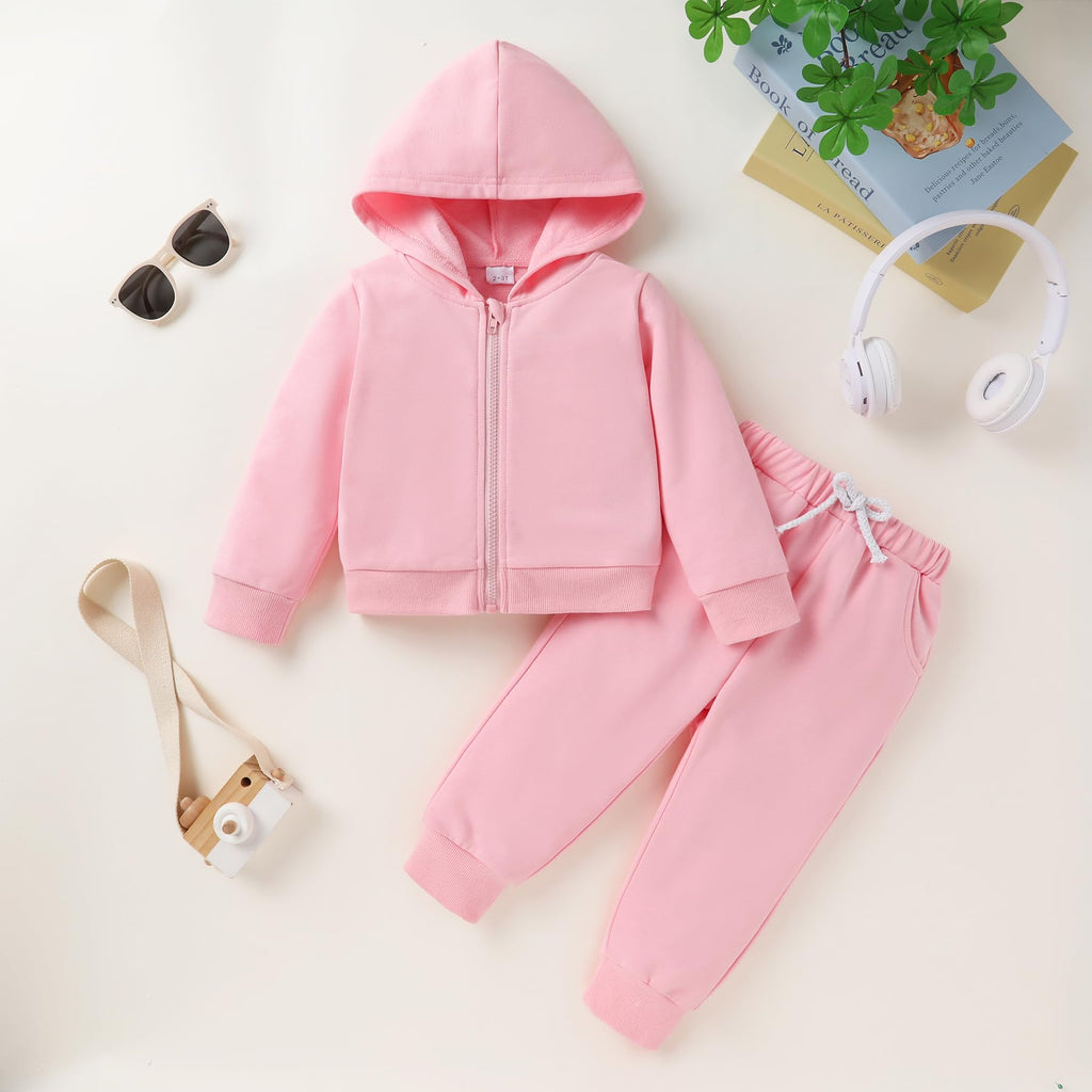 Baby Clothes for Girls Boy Solid Color Zipper Hoodie and Sweatpants Outfits Fall Winter Toddler Sweatsuit (Pink