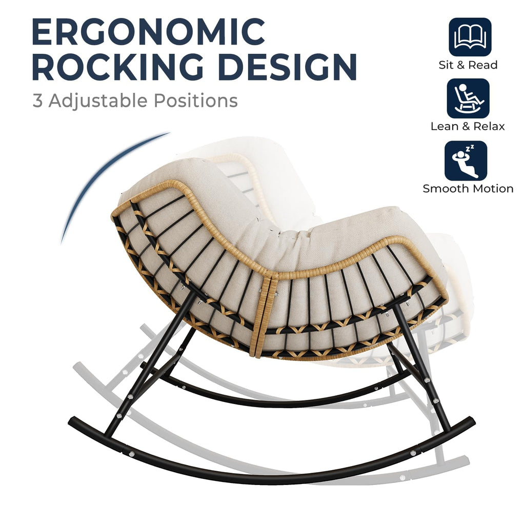Outdoor Papasan Rocking Chair with Thick Cushion, Cream