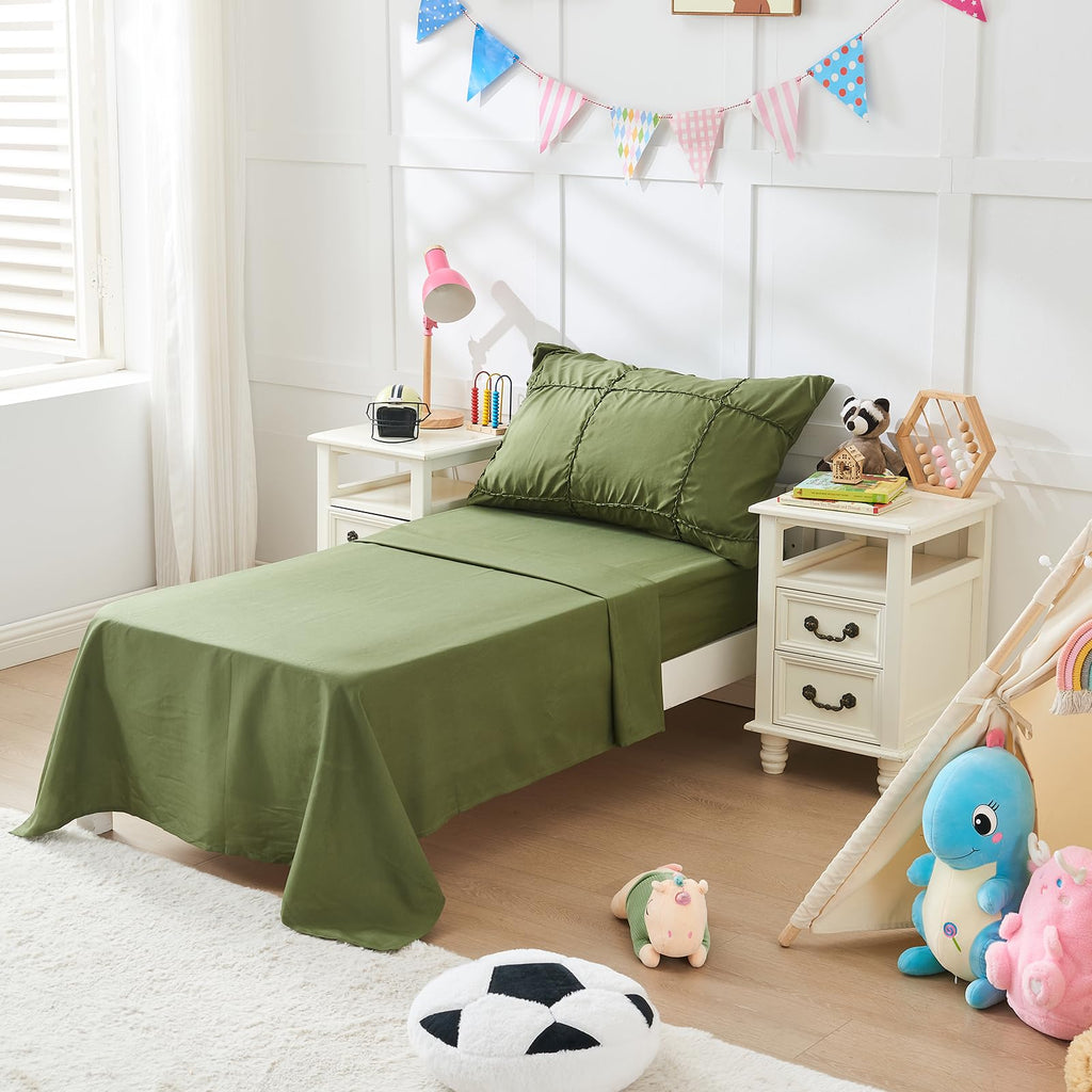 Toddler Bedding Set - 4 Pieces Crib Bed Set for Boys,Soft Embroidery Toddler Comforter Set,Includes Quilted