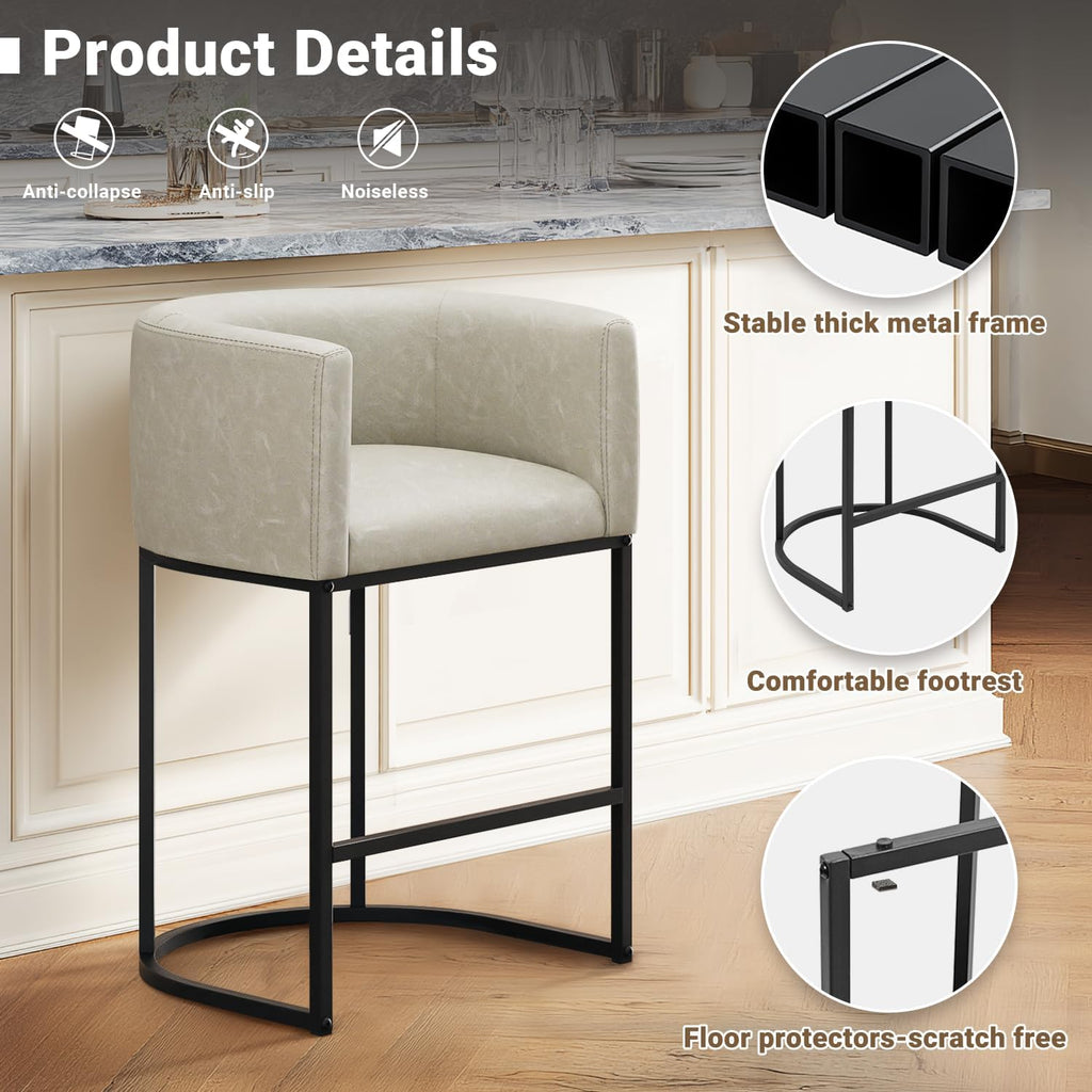 26" H Counter Height Bar Stools Set of 4, Modern Barrel Counter Stools with Backrest and Arms, Faux Leather