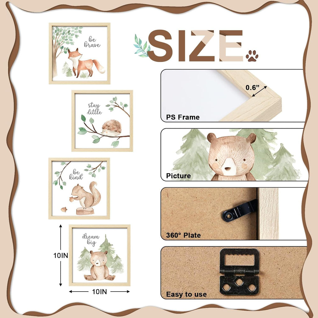 Framed Woodland Nursery Wall Art Decor, 10x10inch Animal Prints