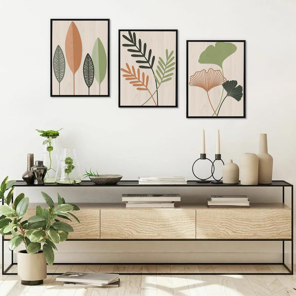 Framed Botanical Wall Art Leaf Art Pieces Zen Canvas Wall Art Set of 3(12"X16") Boho Bedroom Wall Decor Sage Green