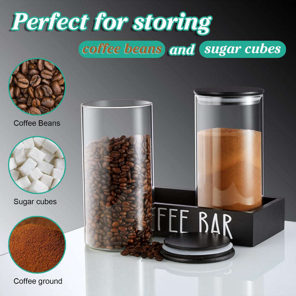 Glass Coffee Canister for Ground Coffee - 2Pcs 45oz Coffee and Sugar Container Set with Airtight Bamboo Lids and