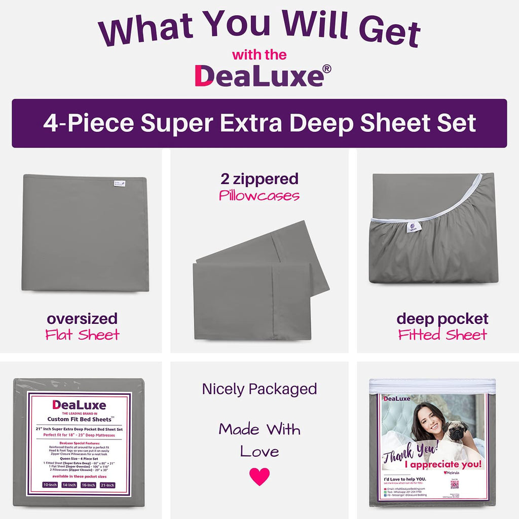 Deep Pocket King Sheets - King Sheet Sets with Zippered Pillowcases - 18 Inch Deep Pockets - Fitted & Oversize Flat