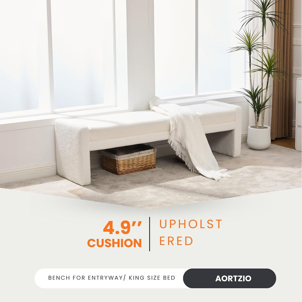 66.9" W Modern Boucle Shoe Bench King Size End of Bed Bench, Ivory. | Shoe Ottoman Upholstered King Size End of Bed