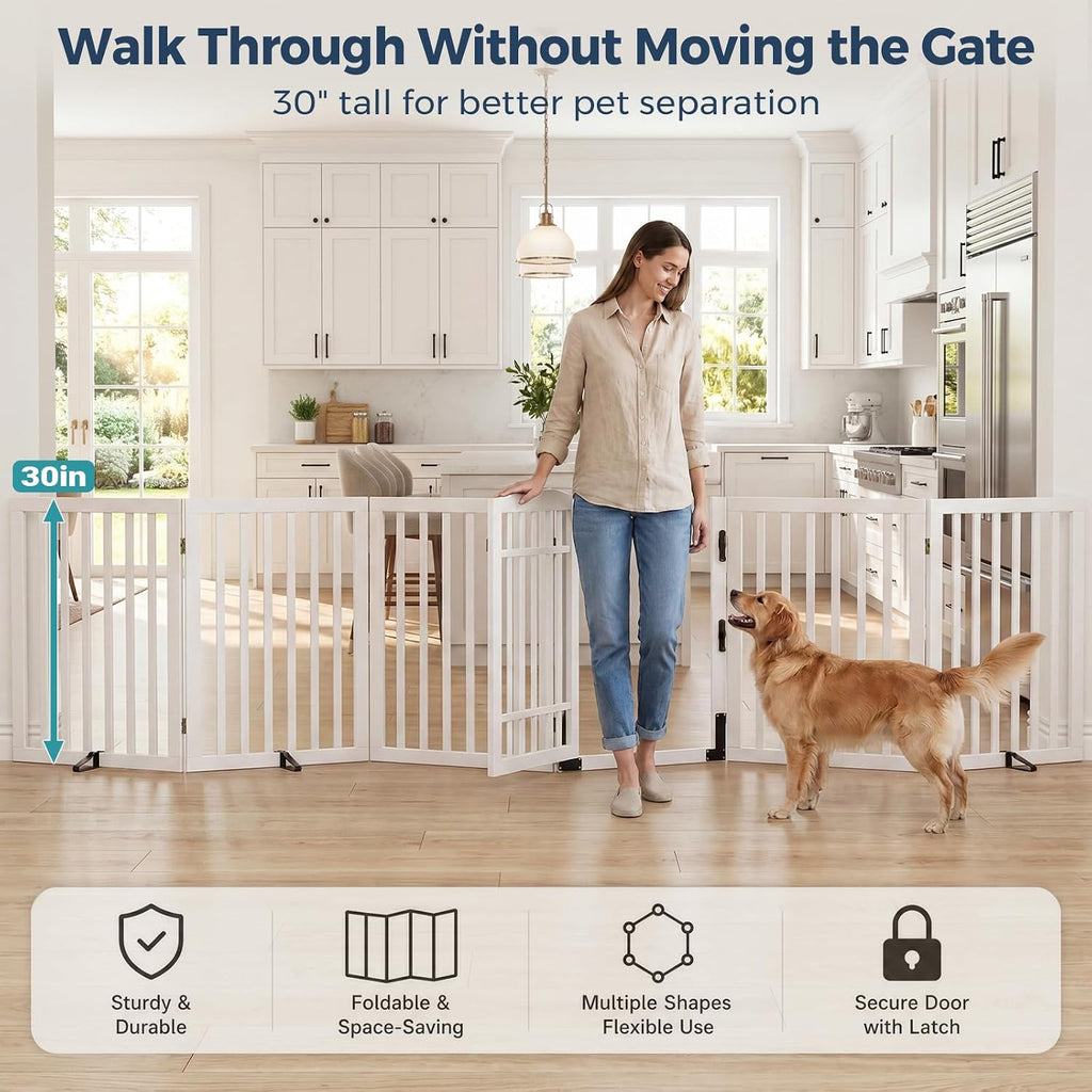 Dog Gate Indoor, 132" Wide Bamboo Pet Gate with Door, 30"H, White