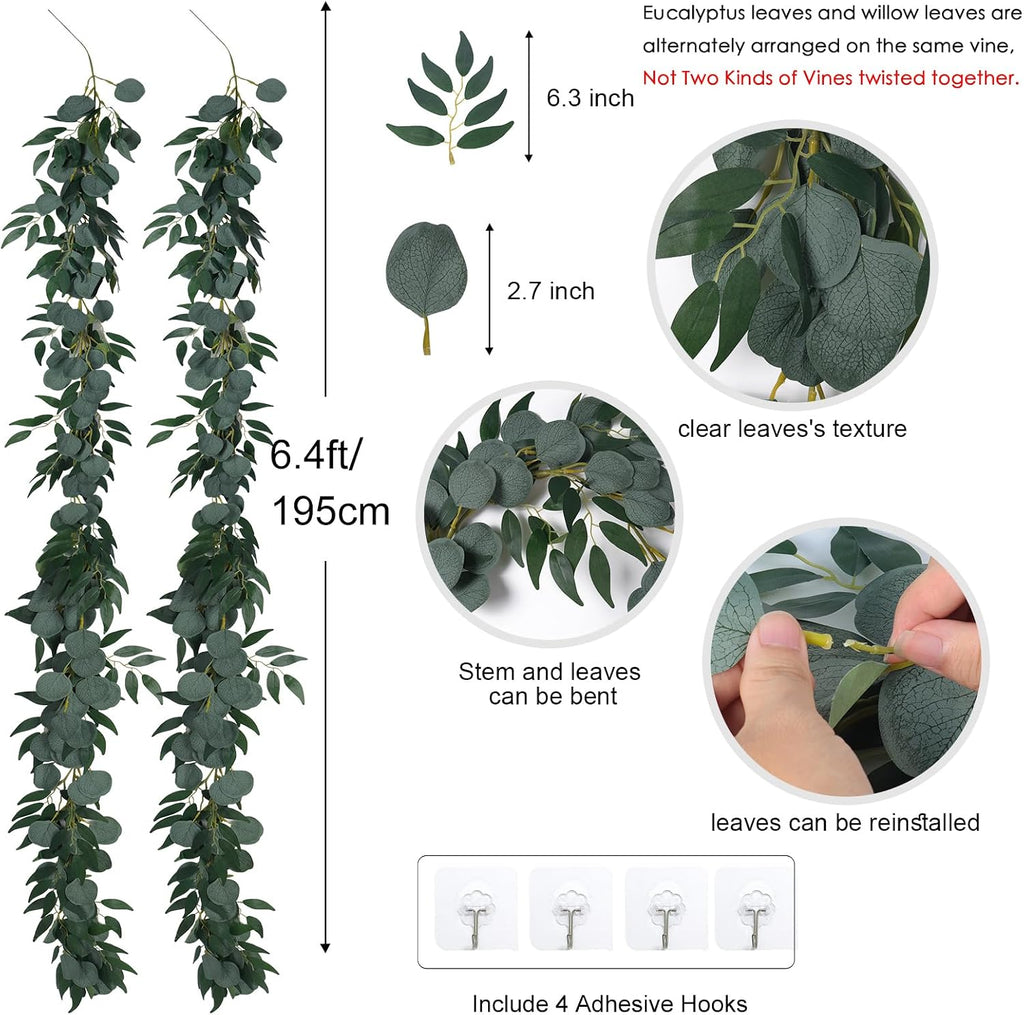 Artificial Silk Eucalyptus Vines Garland with Willow Leaves 6Ft - Set of 2