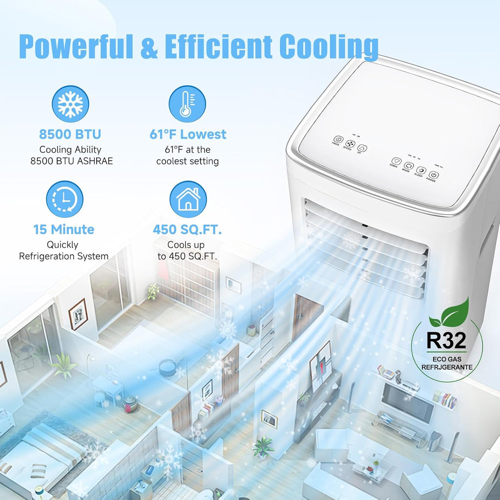Portable Air Conditioners, 3-in-1 8500 BTU Cooling Unit with Fan & Dehumidifier for Room, Quiet Operation