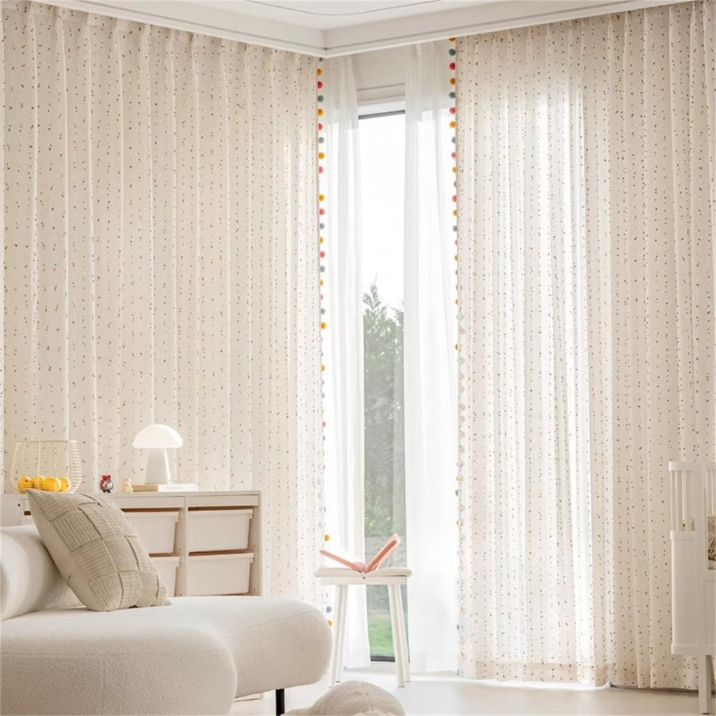 Boho Rainbow Sheer Curtain with Colorful Pom Pom Voile Drapes Faux Linen