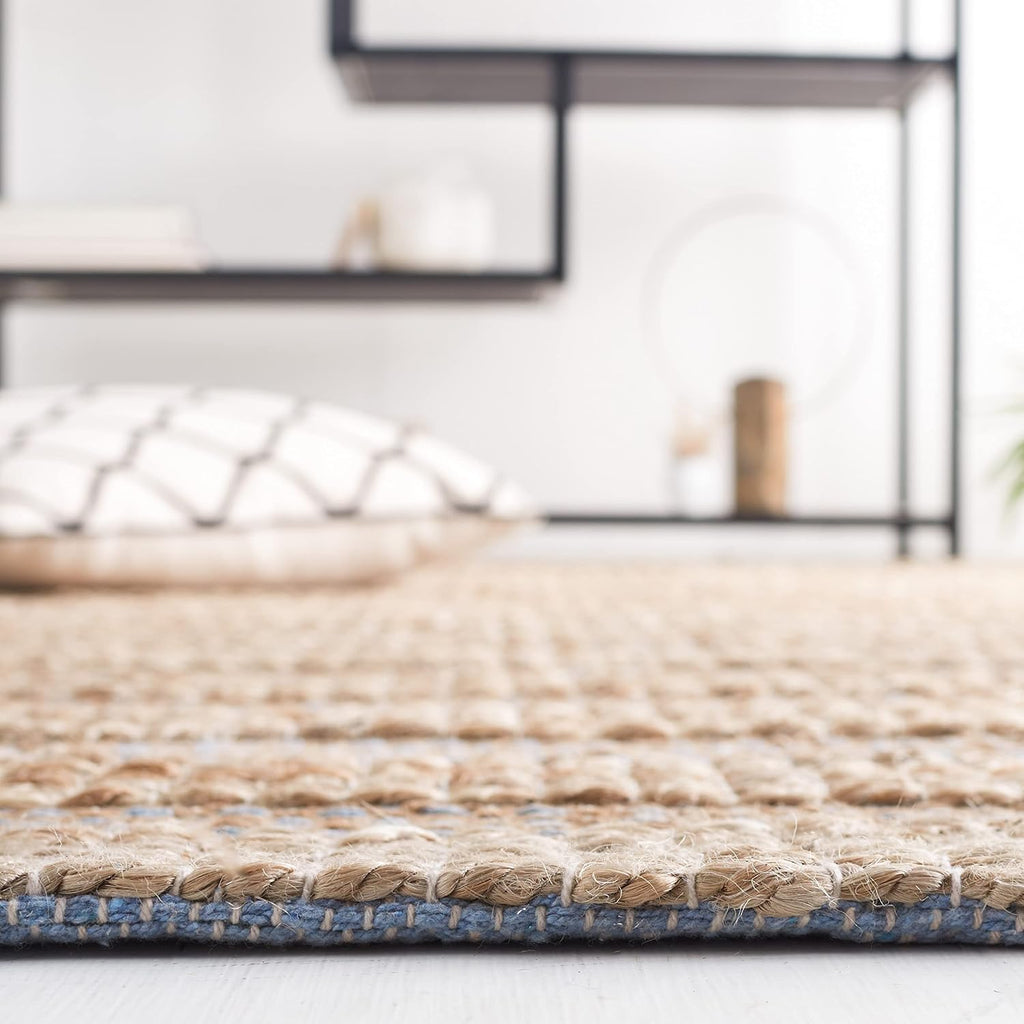 Area Rug 8x10 - Natural Fiber Collection - Large - Light Blue & Natural, Handmade Jute & Cotton, Boho Farmhouse