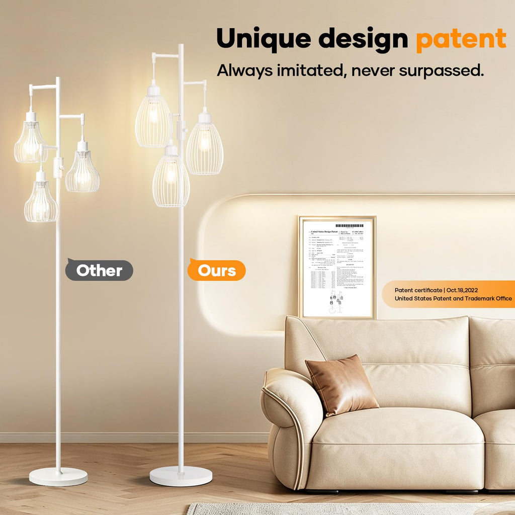 Dimmable Floor Lamp, 3 x 800LM LED Edison Bulbs Included, Floor Lamp Standing Lamp with Elegant Teardrop Cage Heads