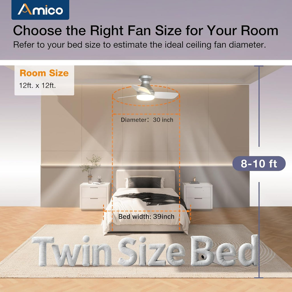 Ceiling Fans with Lights, 30 Inch Low Profile Ceiling Fan with Light and Remote Control, Flush Mount, Reversible, 3CCT, Dimmable, Noiseless, Silver Ceiling Fan for Bedroom, Indoor/Outdoor Use A102-B0D87CP87Y
