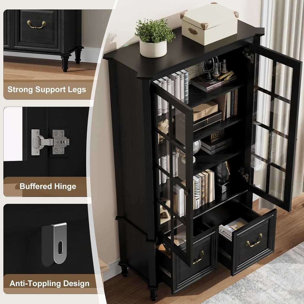 63" Tall Display Cabinet with Glass Doors and Solid Wood Legs, Modern Bookcase with 2 Drawers & Adjustable Shelves