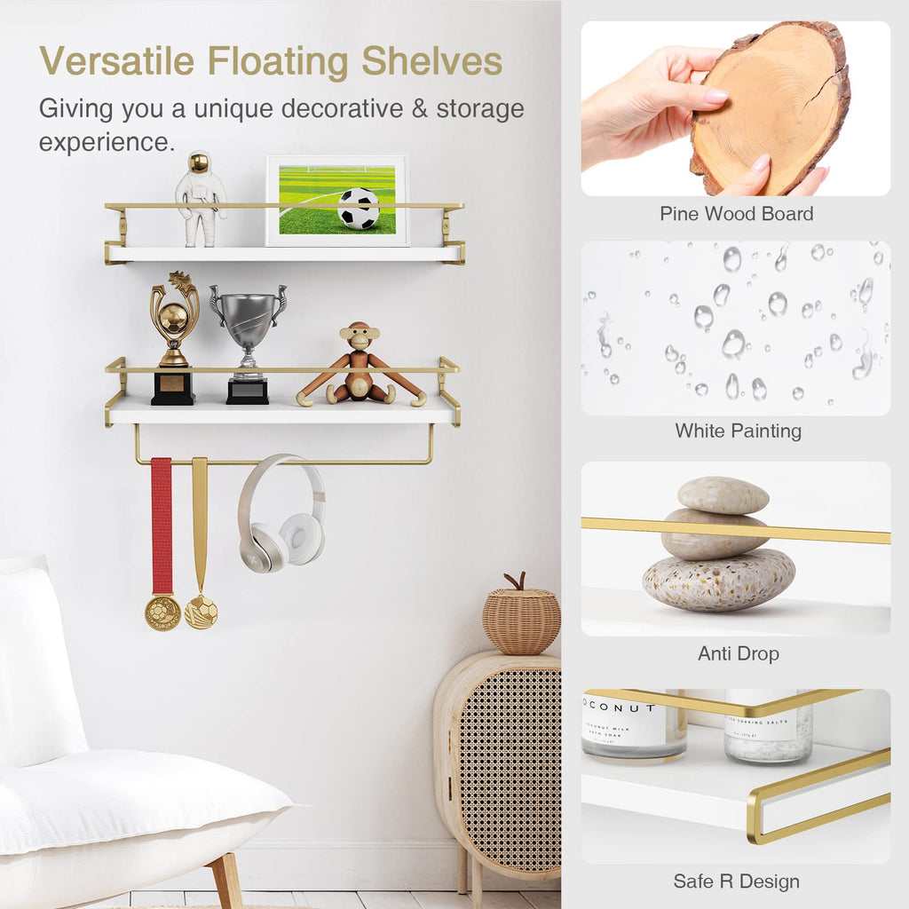 Floating Bathroom Shelves Wall Mounted, White and Gold Wall Shelf