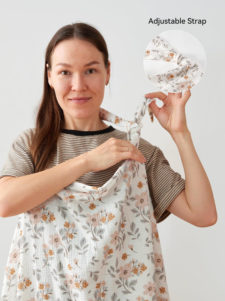 Muslin Nursing Cover for Baby Breastfeeding, 100% Cotton Breathable with Arch Neckline for Women, Yellow Flower