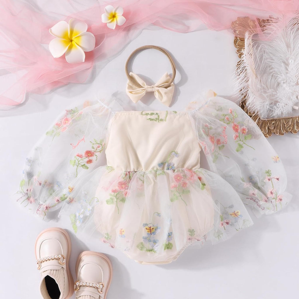 Baby Girl Romper Dress Flower Embroidery Tutu Princess Long Sleeve One-Piece Bodysuit Cake Smash Outfit