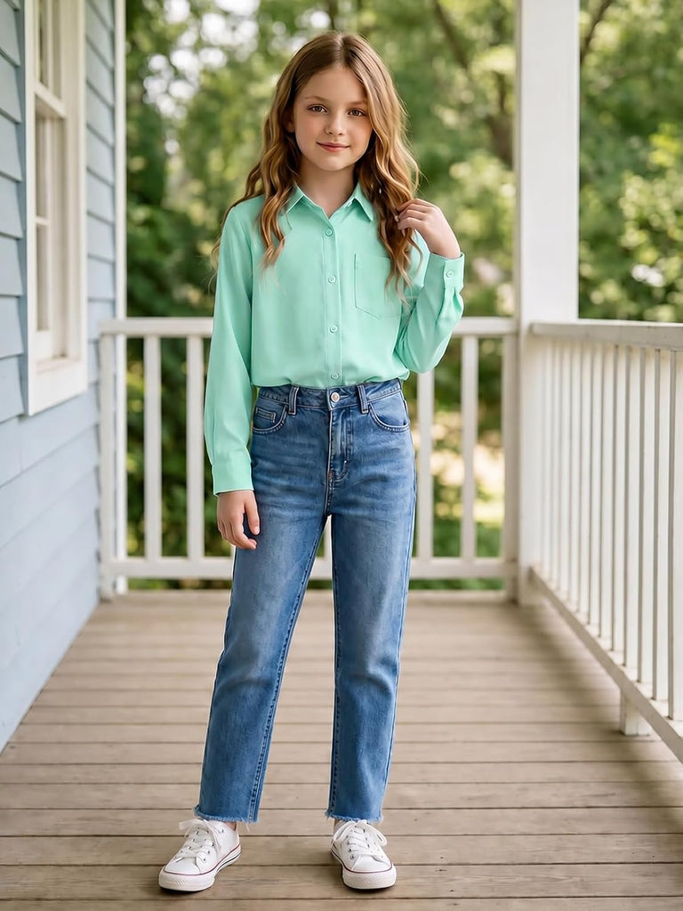 Girls School Uniform Button Down Shirts with Chest Pocket