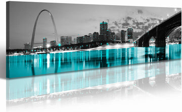 St. Louis Skyline Canvas Wall Decor, 14x48in Framed B&W Panorama