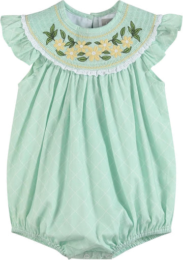 Baby Girls Smocked Ruffle Romper Cotton Daisy Outfit Infant Toddler Boutique Bubble Romper with Snaps and Ruffle