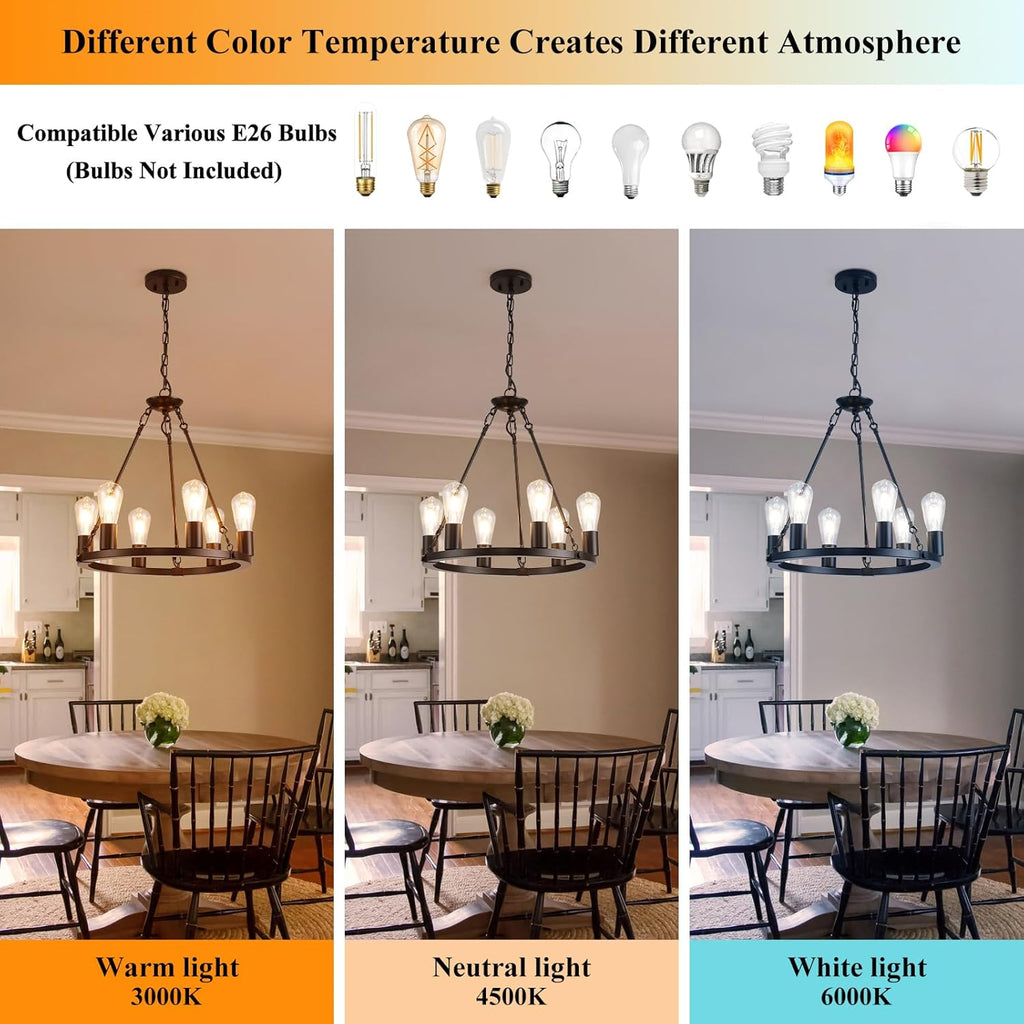 Inspired Camino Style Chandelier - Farmhouse 6 Lights Black Wagon Wheel Chandelier,Modern Vintage Round Pendant Light Fixture for Dining Room,Living Room, Entryway Foyer Kitchen Island, E26 A105-B0D78D9V8L