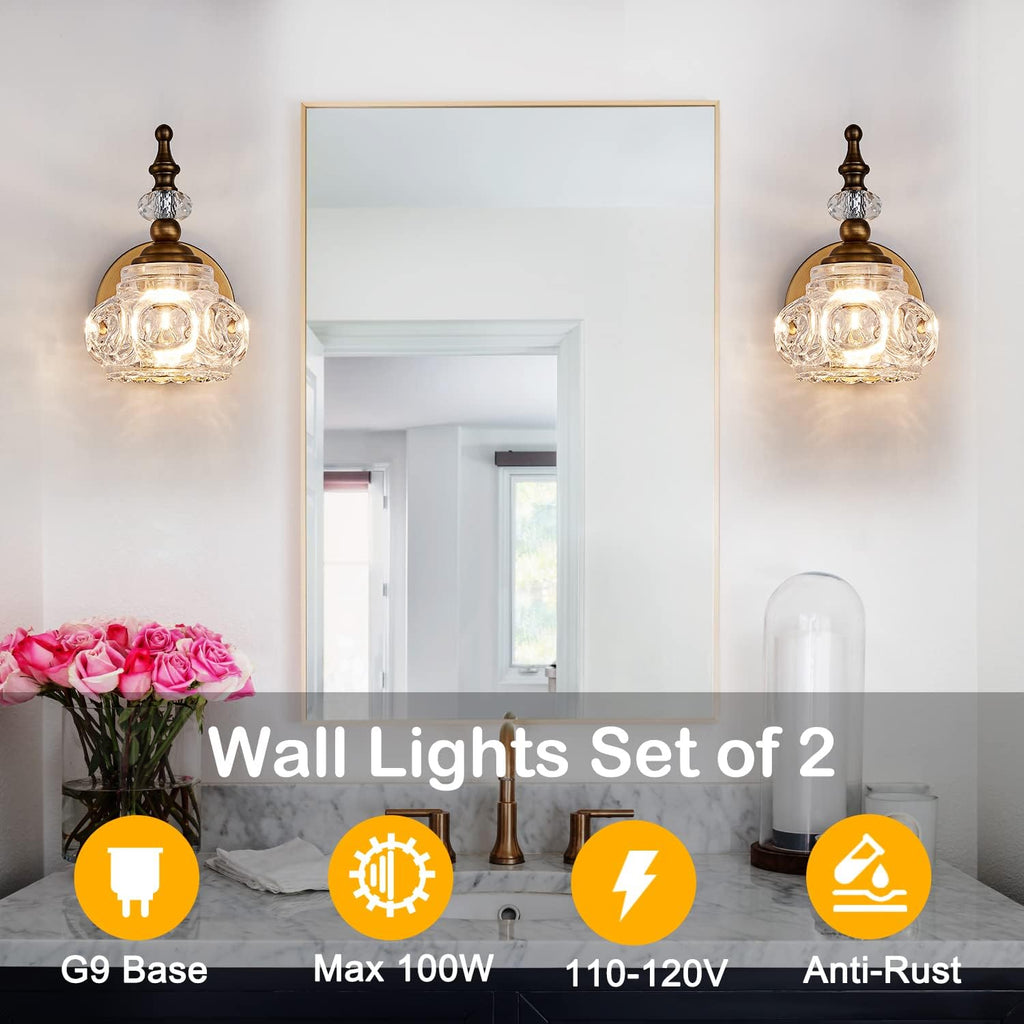 Vintage Wall Sconces, 1-Light Wall Lighting with Crystal Glass Shade, Matte Brushed Antique Brass Finish, Crystal