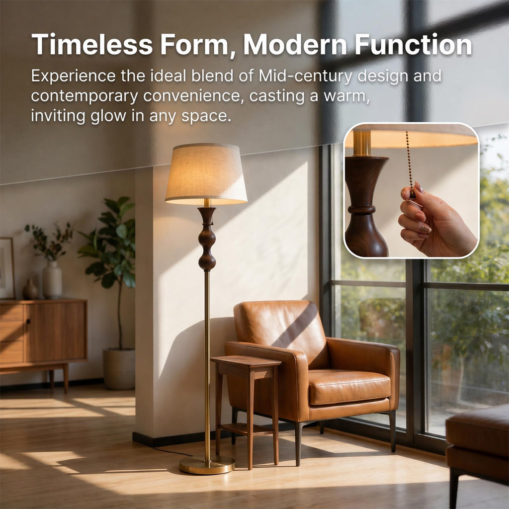 Wood & Brushed Floor Lamp with Pull Chain Switch & Remote Control, Sculptural Standing Lamp, Dimmable 3 Color