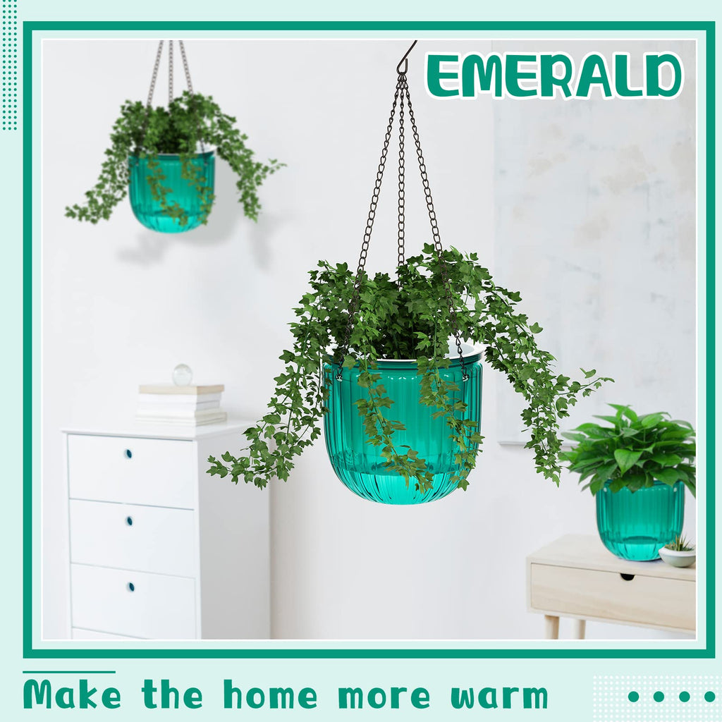 4 Pcs Self Watering Hanging Planters 6.5 Inch with Chains, Emerald