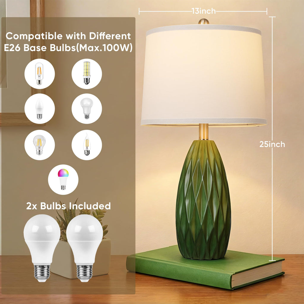 Modern Resin Table Lamp Set of 2, Nightstand Bedside Lamp, Green