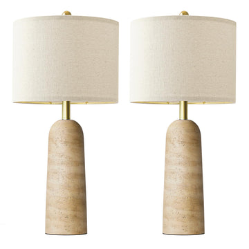 Modern Table Lamp Set of 2, Warm Beige Resin Lamp with Natural Stone Look, 27.25" Lamps with Linen Shades, Bedside