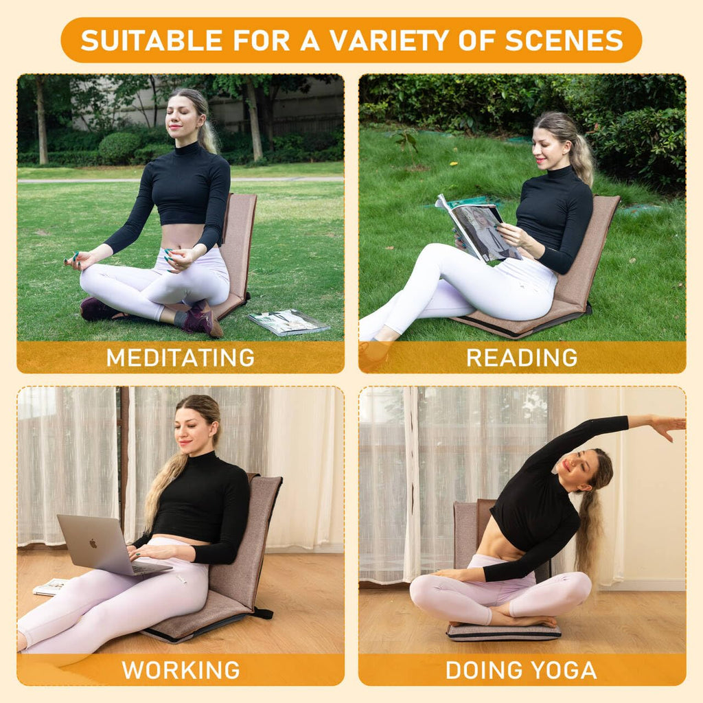 Floor Chair with Back Support Foldable Meditation Seat, Coffee